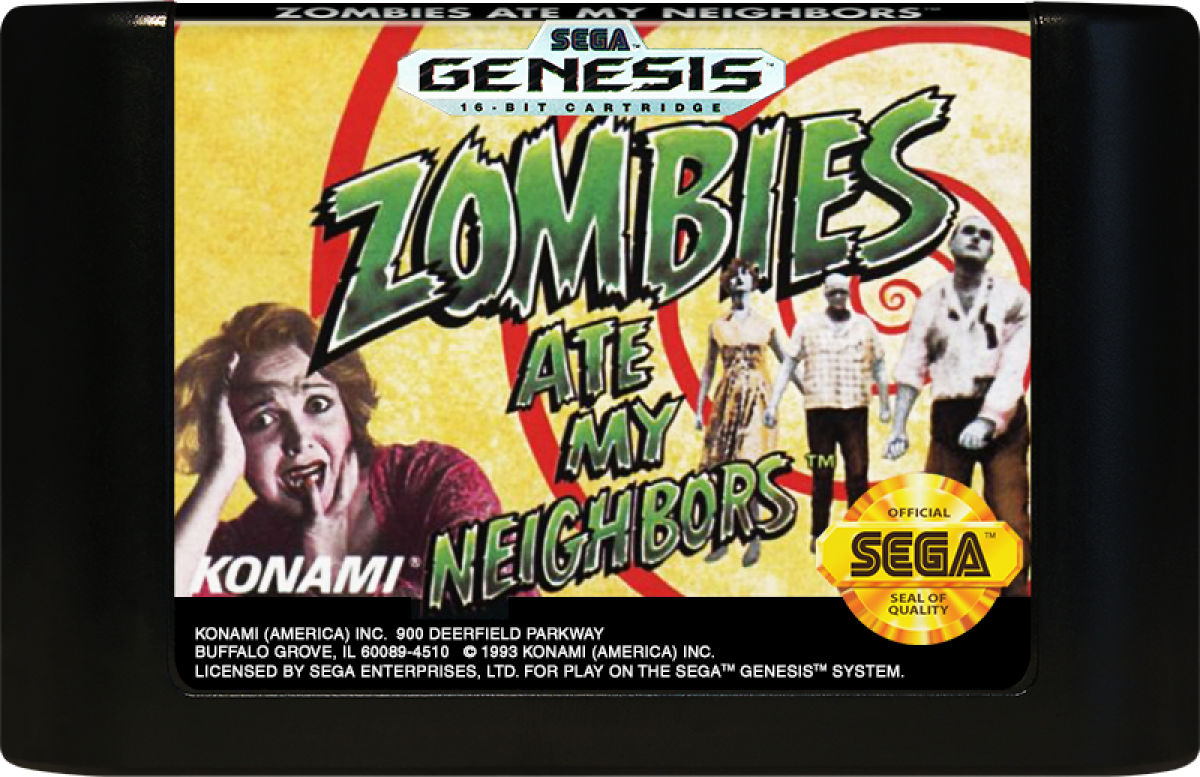 Zombies Ate My Neighbors Sega Genesis classic run and gun co-op survival horror themed rescue neighbors across 55 levels cult classic cartridge art