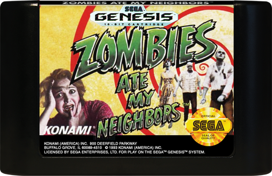 Zombies Ate My Neighbors Sega Genesis classic run and gun co-op survival horror themed rescue neighbors across 55 levels cult classic cartridge art