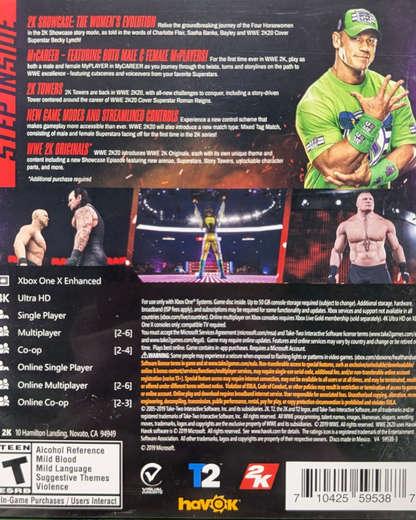 WWE 2K20 Xbox One video game, professional wrestling sports simulation, WWE superstars and career modes, multiplayer gameplay, console title back cover