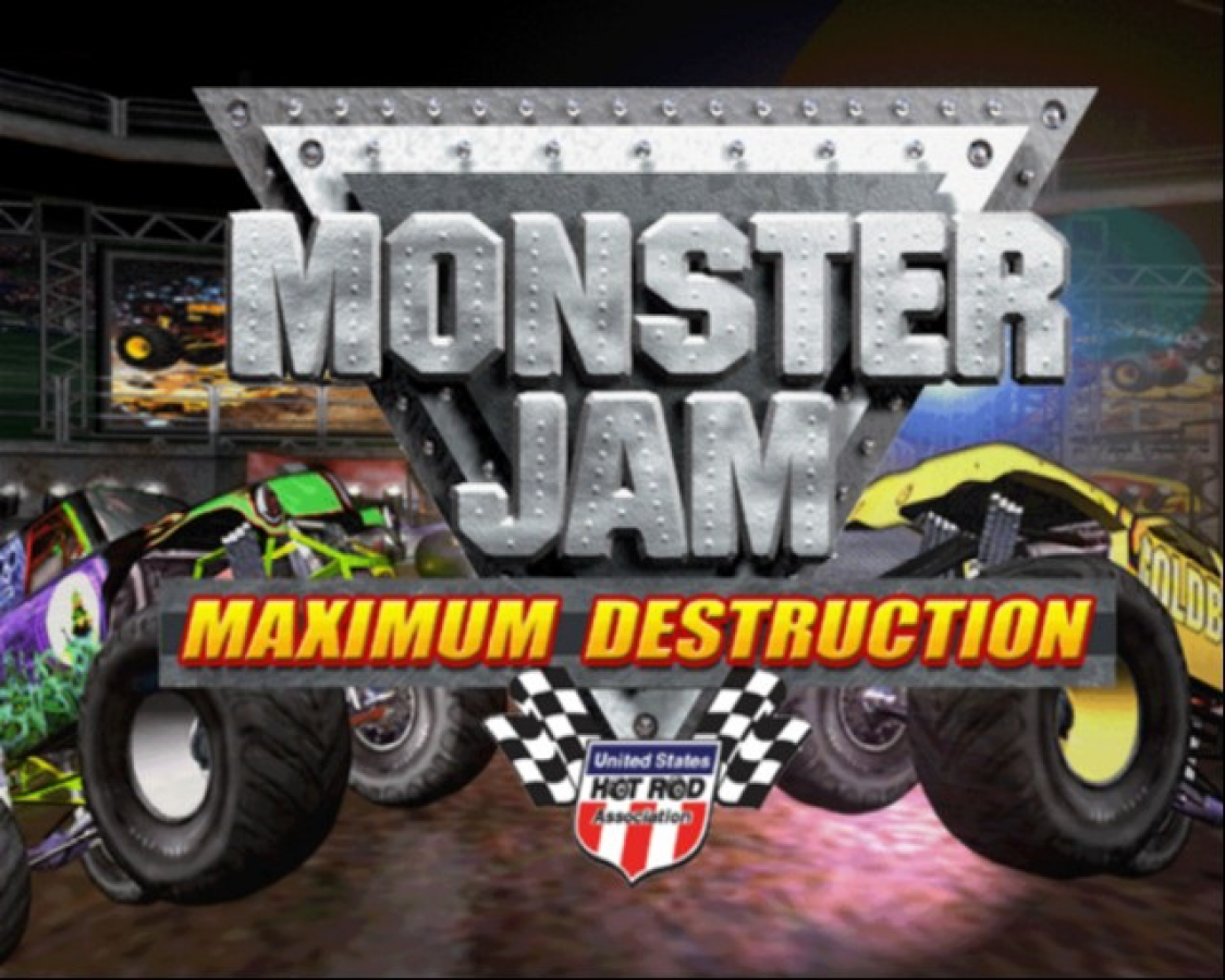 Monster Jam: Maximum Destruction title screen for PlayStation 2 (PS2) featuring explosive monster truck battles with real licensed vehicles, destructible arenas, and chaotic arcade action.