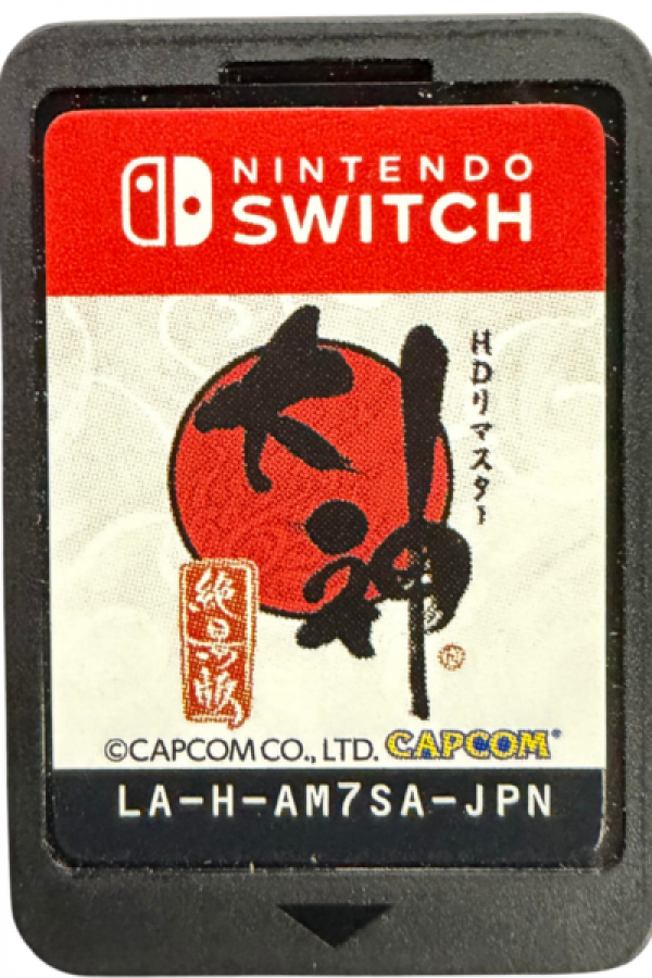 Ōkami HD Nintendo Switch inspired design featuring mythological action adventure aesthetic Japanese ink wash art style divine wolf protagonist celestial brush magic puzzle solving exploration and boss battles flowing watercolor inspired world presentation cartridge