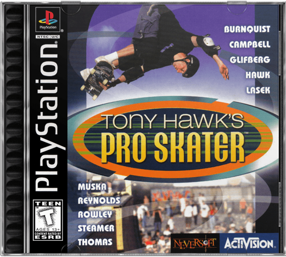 Tony Hawk’s Pro Skater cover art for PlayStation 1 (PS1) video game, skateboarding sports action, trick-based gameplay, classic extreme sports title