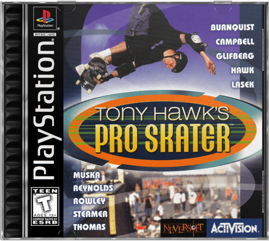 Tony Hawk’s Pro Skater cover art for PlayStation 1 (PS1) video game, skateboarding sports action, trick-based gameplay, classic extreme sports title
