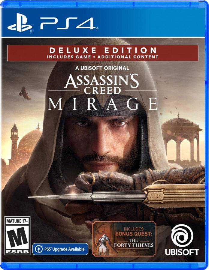 Assassin’s Creed Mirage Deluxe Edition for PS4 featuring special edition content and classic stealth focused artwork cover art