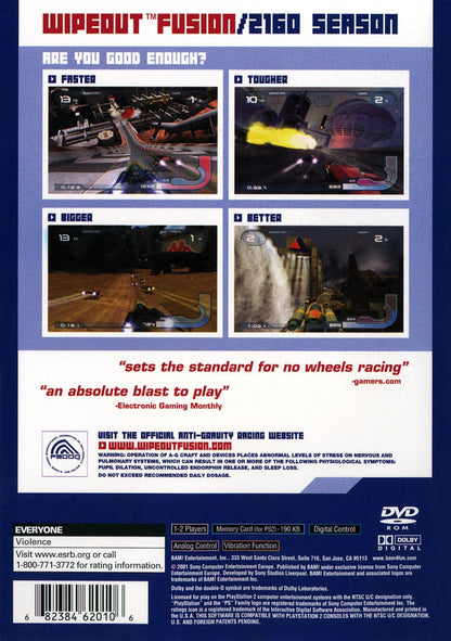 Wipeout Fusion PS2 Sony PlayStation 2 futuristic racing game anti gravity racing hovercraft high speed tracks electronic soundtrack combat racing weapons Psygnosis Studio Liverpool arcade racing PlayStation 2 software video game title back cover art
