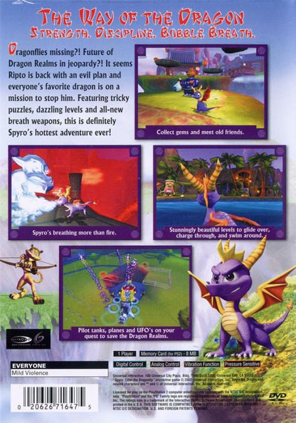 Spyro: Enter the Dragonfly – PlayStation 2 (PS2) video game back of case, 3D platformer.