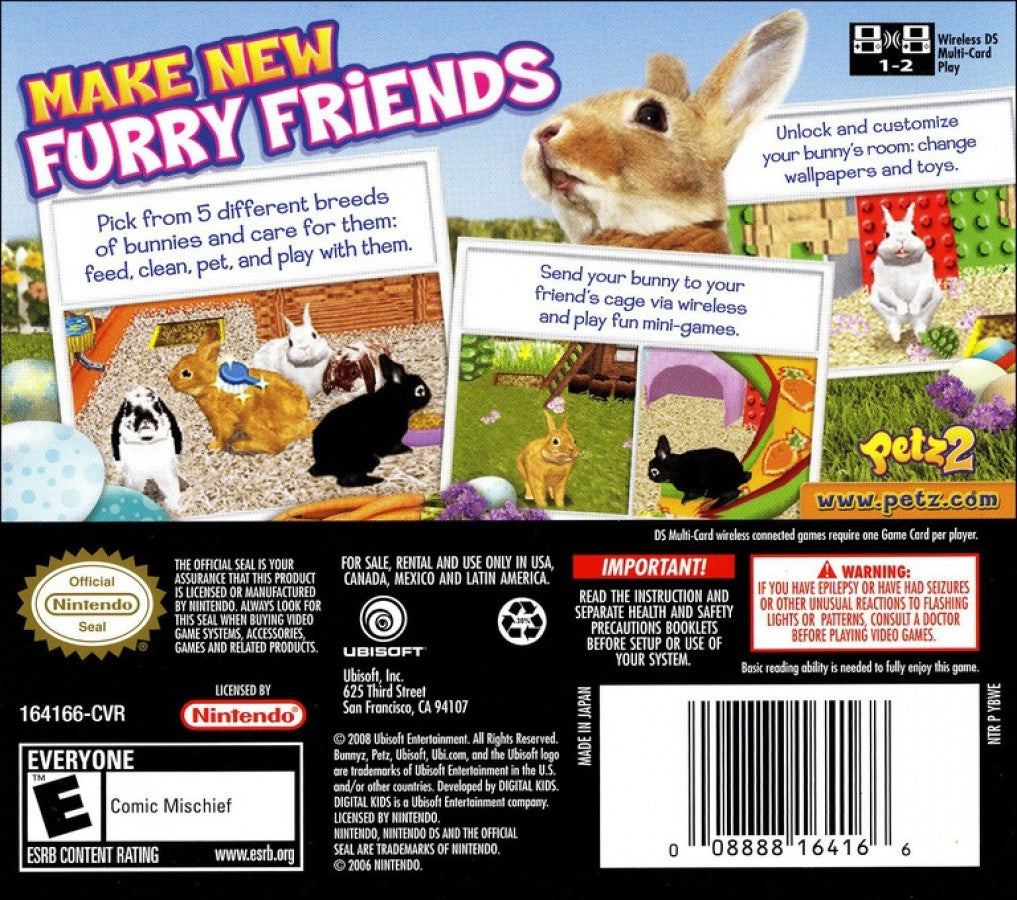 Petz Bunnyz for Nintendo DS (DS), back of case for a retro video game featuring pet care simulation gameplay, rabbit customization, mini-game challenges, nurturing activities, and family-friendly animal adventures
