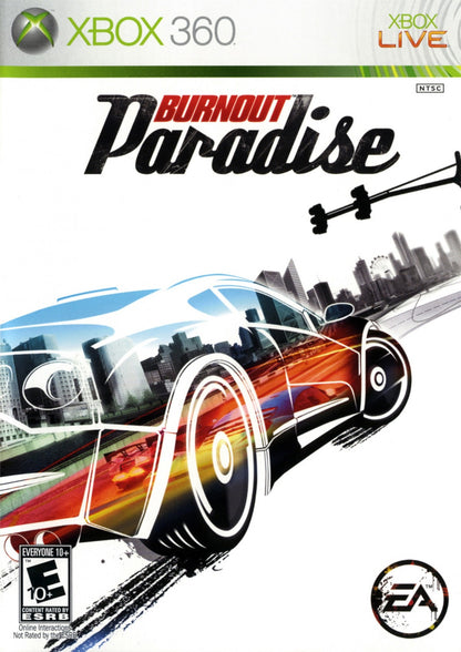 Burnout Paradise Xbox 360 video game featuring open world arcade racing gameplay high speed crashes online multiplayer modes Paradise City exploration and Criterion Games high intensity driving action cover art