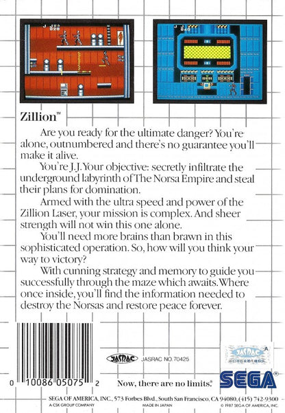 Zillion Sega Master System SMS for action adventure platforming video game fans featuring side scrolling combat exploration futuristic environments enemy battles keycard puzzles weapon upgrades challenging missions and classic Sega Master System gameplay collectible retro gaming appeal back cover art