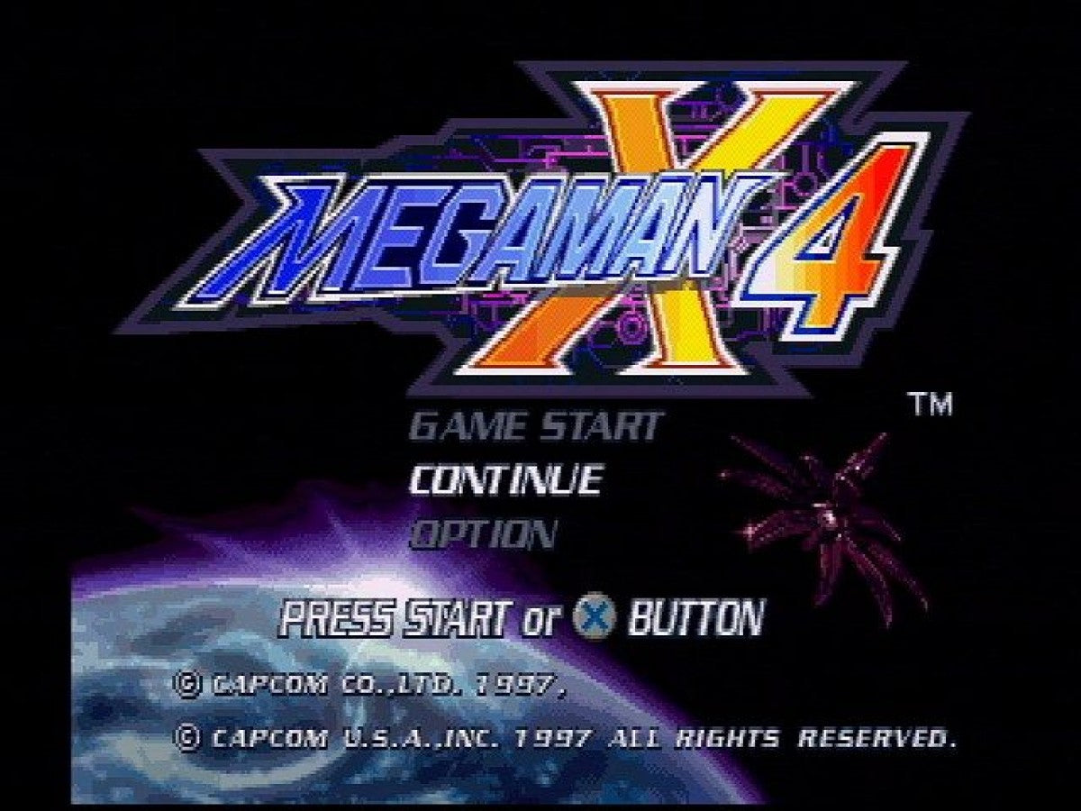 Mega Man X4 retro sci-fi action platform game for PlayStation 1 (PS1) title screen