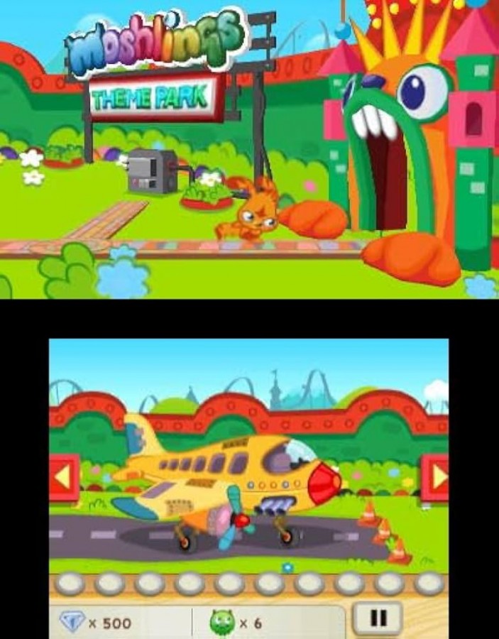 Moshi Monsters Moshlings Theme Park Nintendo DS video game, theme park management gameplay, colorful cartoon adventure, family-friendly handheld console title gameplay screenshot