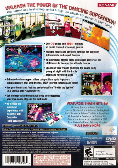 Dance Dance Revolution SuperNova 2 for PlayStation 2 with rhythm-based dance gameplay and music challenge theme back cover art