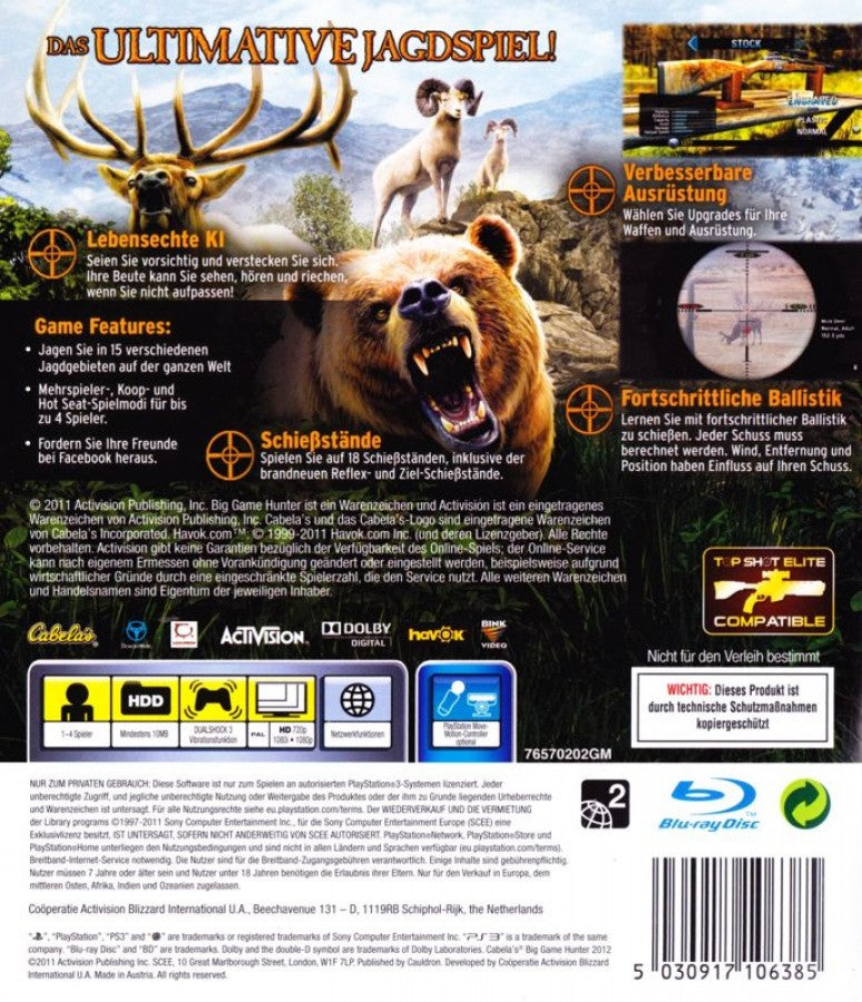 Cabela's Big Game Hunter 2012 back cover art for PlayStation 3 (PS3) video game