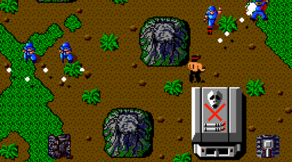 Ikari Warriors for Nintendo Entertainment System top down run and gun shooter featuring military combat co op gameplay enemy soldiers tanks and arcade style action gameplay 
