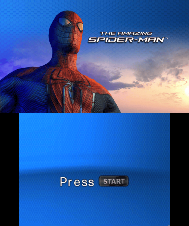 The Amazing Spider-Man start screen for Nintendo 3DS (3DS) action adventure video game