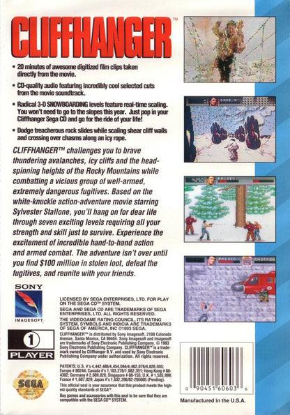 Cliffhanger Sega CD action platformer movie tie in based on Sylvester Stallone film mountain climbing combat survival missions side scrolling gameplay rock climbing hazards fighting enemies cinematic presentation retro gaming Sega CD software video game title back cover art