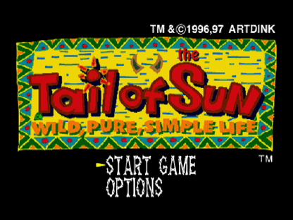 Tail of the Sun PlayStation 1 PS1 for survival adventure retro video game fans featuring prehistoric exploration open world gameplay resource gathering primitive tribes dinosaur encounters unique sandbox experience collectible gaming appeal title screen