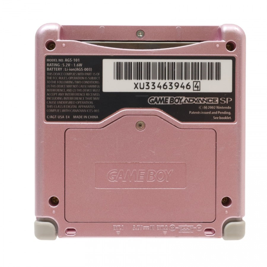 Game Boy Advance SP AGS-101 backlit pink console Nintendo Game Boy Advance GBA handheld system for retro video game enthusiasts featuring bright AGS-101 backlit screen rechargeable battery compact clamshell design portable gaming iconic Nintendo hardware compatibility with Game Boy Advance games collectible gaming appeal back view of labels