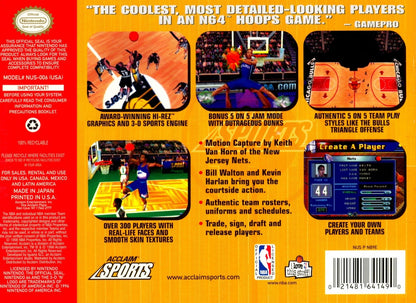 NBA Jam 99 Nintendo 64 N64 video game featuring arcade basketball gameplay NBA teams and players fast paced matches high flying dunks competitive action special moves two on two basketball and classic 64 bit Nintendo sports gameplay retro video game collection collectible gaming appeal back cover art