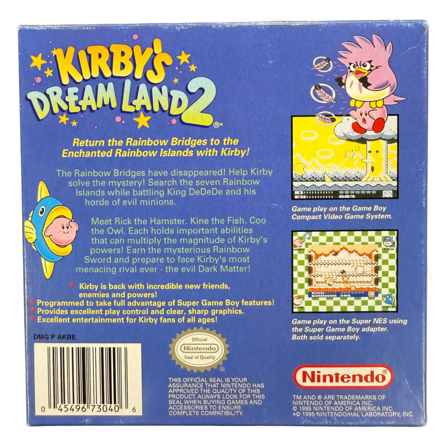 Kirby's Dream Land Game Boy GB for platforming video game fans featuring Kirby's classic adventure colorful levels power ups enemy abilities challenging boss battles side scrolling gameplay charming characters and classic Nintendo handheld gaming collectible retro Game Boy appeal back cover art
