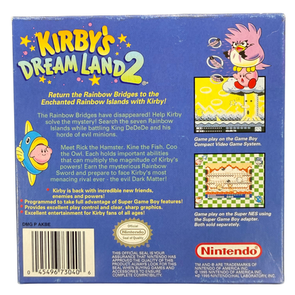 Kirby's Dream Land Game Boy GB for platforming video game fans featuring Kirby's classic adventure colorful levels power ups enemy abilities challenging boss battles side scrolling gameplay charming characters and classic Nintendo handheld gaming collectible retro Game Boy appeal back cover art