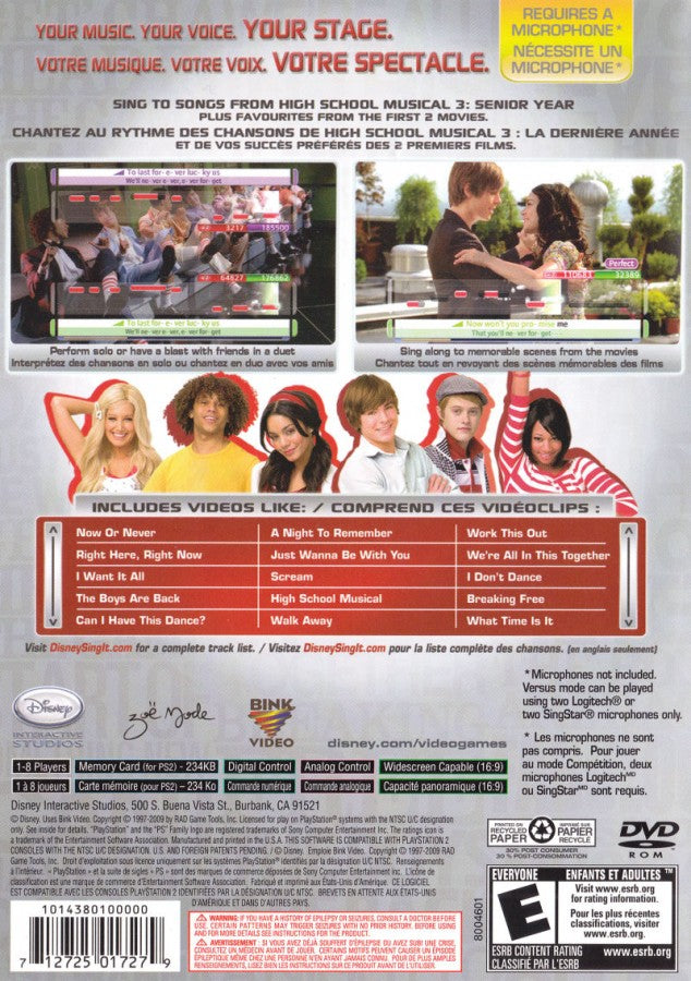 Disney Sing It: High School Musical 3: Senior Year back of case for PlayStation 2 (PS2) karaoke music rhythm video game based on High School Musical 3: Senior Year