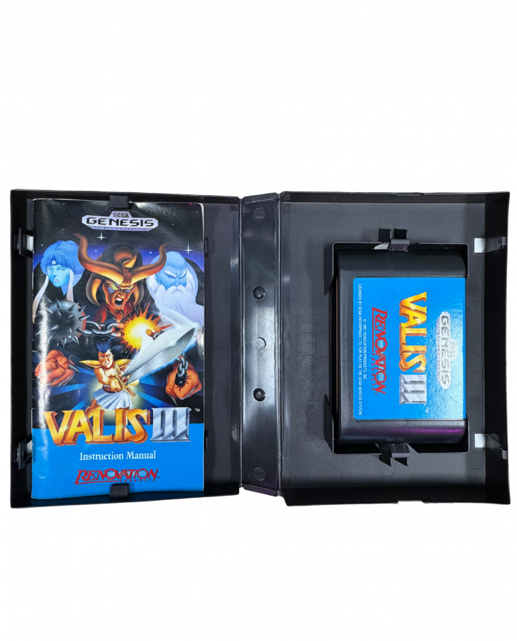 Valis III Sega Genesis GEN for retro video game enthusiasts featuring side scrolling action platforming gameplay anime inspired fantasy adventure sword combat magical abilities multiple playable characters challenging enemies colorful stages and collectible gaming appeal inside of case featuring cartridge and manual