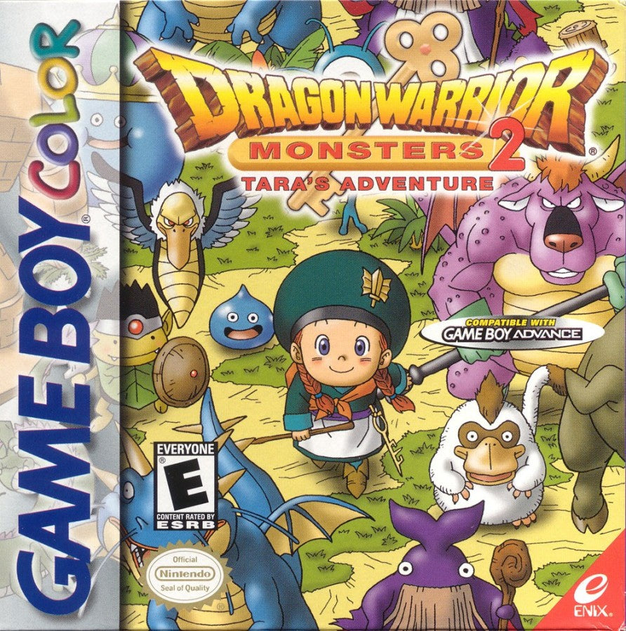 Dragon Warrior Monsters 2: Tara’s Adventure for Game Boy Color (GBC) at Gamers INC, featuring a deep monster-breeding RPG where you play as Tara to scout, tame, and synthesize monsters, explore randomly generated worlds through magical keys, and build the ultimate team in a charming classic Dragon Quest universe adventure front cover
