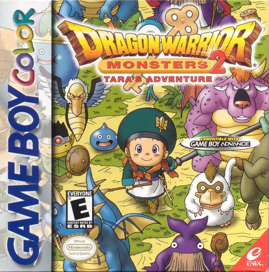 Dragon Warrior Monsters 2: Tara’s Adventure for Game Boy Color (GBC) at Gamers INC, featuring a deep monster-breeding RPG where you play as Tara to scout, tame, and synthesize monsters, explore randomly generated worlds through magical keys, and build the ultimate team in a charming classic Dragon Quest universe adventure front cover
