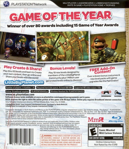 LittleBigPlanet Game of the Year Edition for PlayStation 3 with creative platforming and customizable level design theme back cover