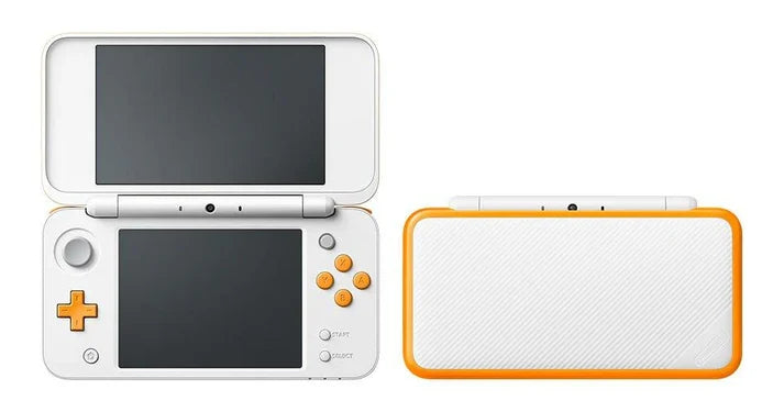 Orange and White New Nintendo 2DS XL handheld gaming system featuring large dual screens touch screen controls built in NFC amiibo support portable foldable design ergonomic controls compatibility with Nintendo 3DS and Nintendo DS games collectible gaming appeal