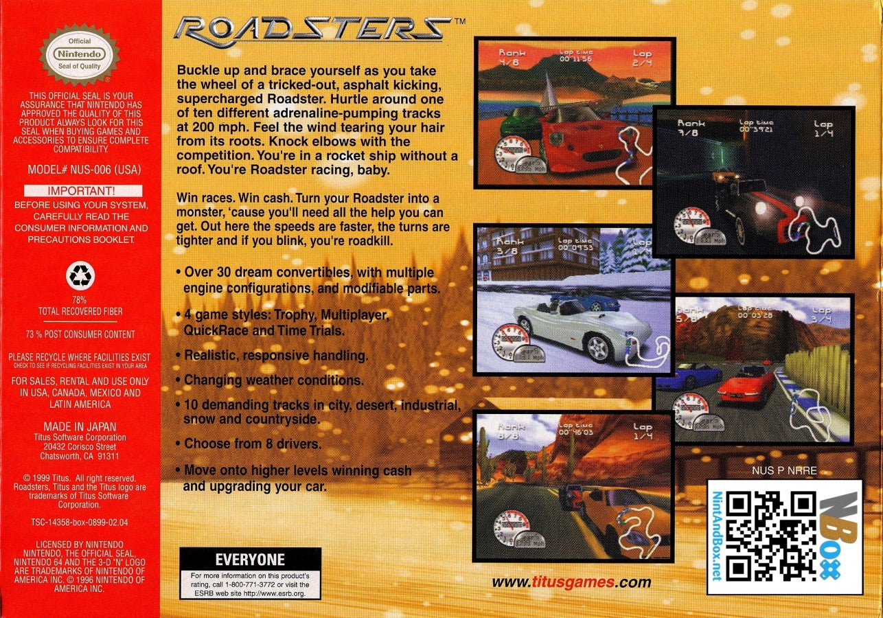 Roadsters Nintendo 64 N64 for arcade racing video game fans featuring high speed sports cars colorful tracks challenging race events vehicle customization drifting power ups multiplayer competition and fast paced classic Nintendo 64 racing gameplay collectible gaming appeal back cover art