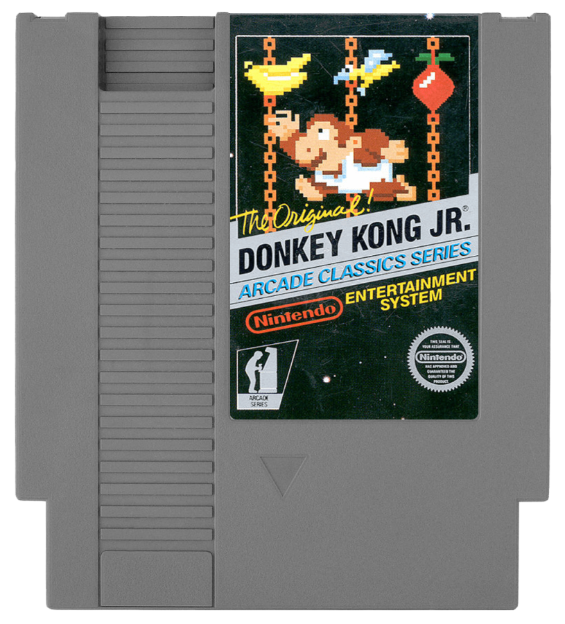 Donkey Kong Jr 5 Screw Nintendo Entertainment System NES video game featuring classic arcade platforming gameplay Donkey Kong Jr character climbing vines jumping between platforms fruit collecting key grabbing obstacles avoiding Snapjaws and enemies rescuing Donkey Kong from Mario and classic 8 bit Nintendo arcade action retro video game collection collectible gaming appeal game cartridge  