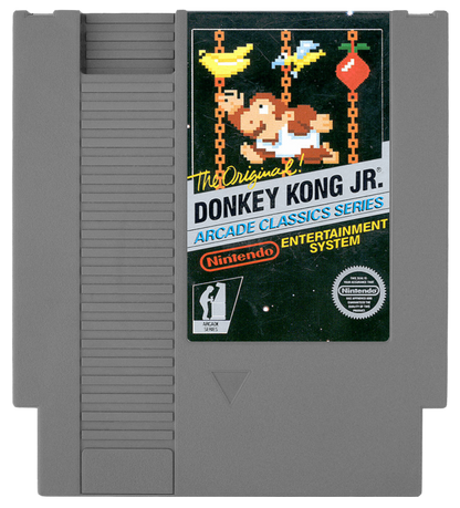 Donkey Kong Jr 5 Screw Nintendo Entertainment System NES video game featuring classic arcade platforming gameplay Donkey Kong Jr character climbing vines jumping between platforms fruit collecting key grabbing obstacles avoiding Snapjaws and enemies rescuing Donkey Kong from Mario and classic 8 bit Nintendo arcade action retro video game collection collectible gaming appeal game cartridge  