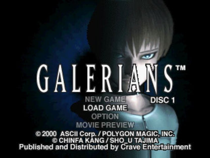 Galerians PlayStation PS1 for survival horror video game fans featuring psychological horror gameplay cinematic storytelling puzzle solving exploration psychic powers tense combat futuristic sci fi setting atmospheric adventure classic horror experience collectible gaming appeal start screen