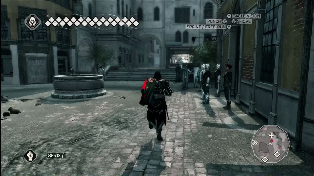 Assassin's Creed II Platinum Hits Xbox 360 open-world action-adventure stealth video game Ubisoft Ezio Auditore Renaissance Italy assassin brotherhood vendetta Florence Venice Monteriggioni exploration parkour climbing tombs codex pages Leonardo da Vinci historical fiction gameplay screenshot