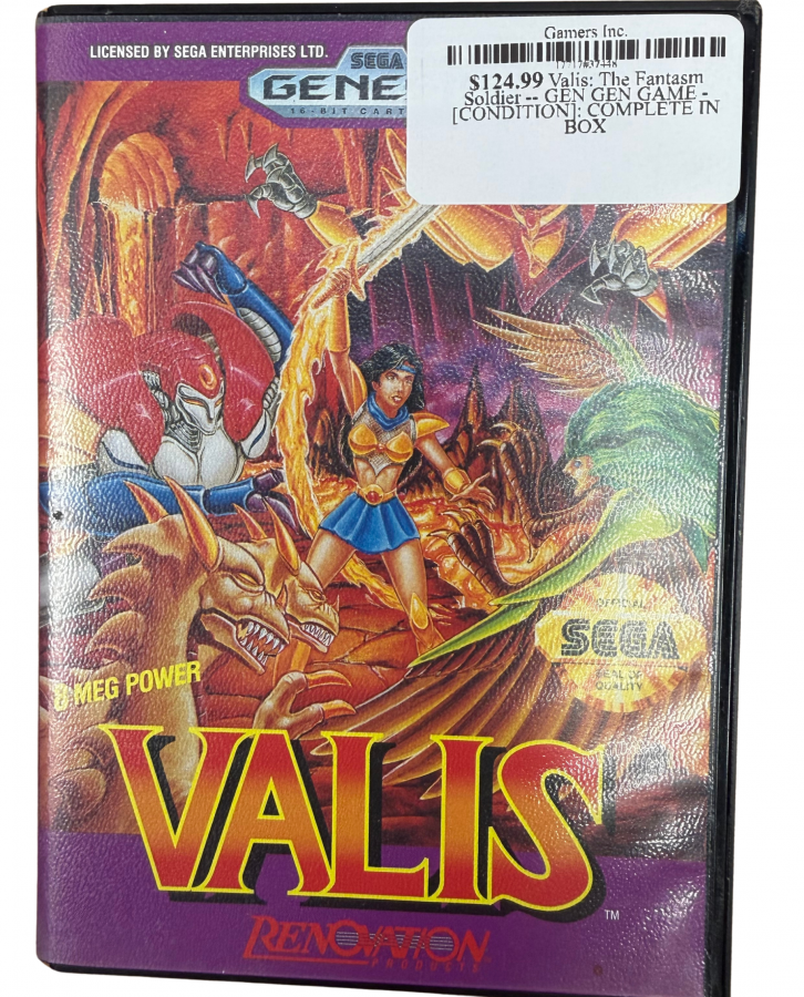 Valis The Fantasm Soldier Sega Genesis GEN for retro video game enthusiasts featuring side scrolling action platforming gameplay anime inspired fantasy adventure sword combat magical abilities challenging enemies colorful stages and collectible gaming appeal front cover art