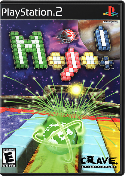 Mojo! cover art for PlayStation 2 (PS2) featuring puzzle‑based gameplay with physics‑driven challenges, colorful 3D mazes, and fast arcade action.