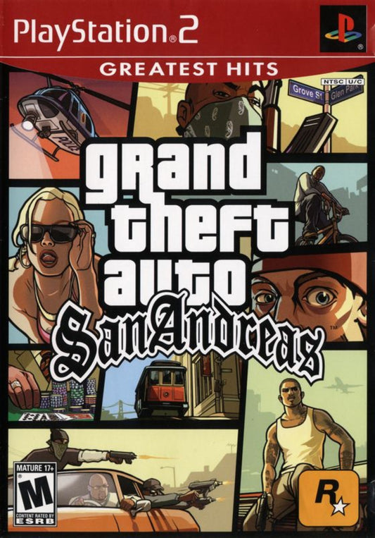 Retro Grand Theft Auto San Andreas Greatest Hits PS2 inspired design featuring open world crime action aesthetic vintage PlayStation 2 urban street culture gang warfare sprawling city environments chaotic missions iconic Rockstar gameplay nostalgic sandbox adventure presentation - cover art 