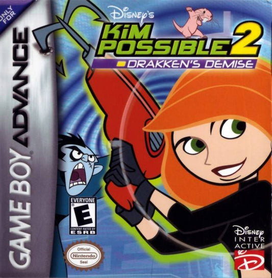 Disneys Kim Possible 2 Drakkens Demise for Game Boy Advance, cover image for an action platformer video game with side-scrolling gameplay, stealth elements, character-based missions, and cartoon-style combat