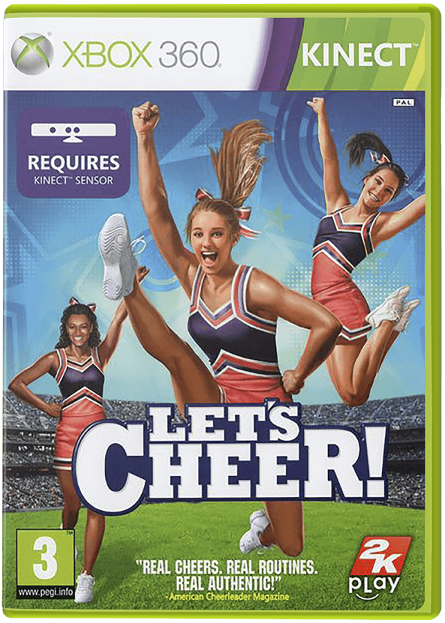 Let's Cheer Xbox 360 Kinect cover art for dance and cheerleading video game.