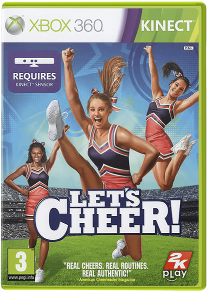 Let's Cheer Xbox 360 Kinect cover art for dance and cheerleading video game.