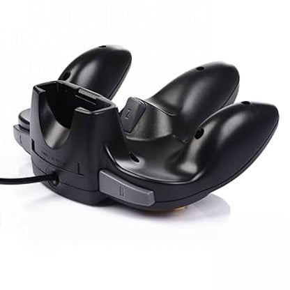 Bottom view of the black Nintendo 64 controller, showing connector port and structural design for stable grip