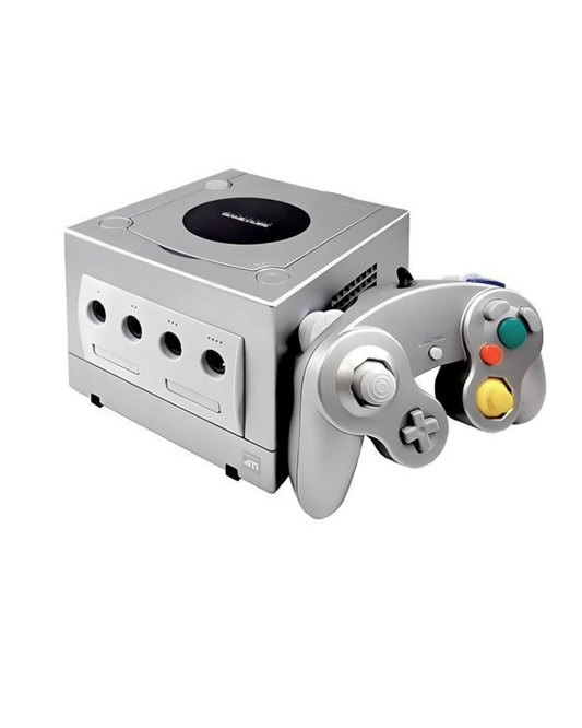 Silver GameCube console with matching third party controller