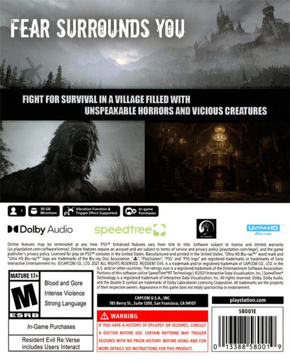 Resident Evil Village PS5 game featuring intense survival horror gameplay, first-person action, and a dark atmospheric storyline on PlayStation 5 back box art