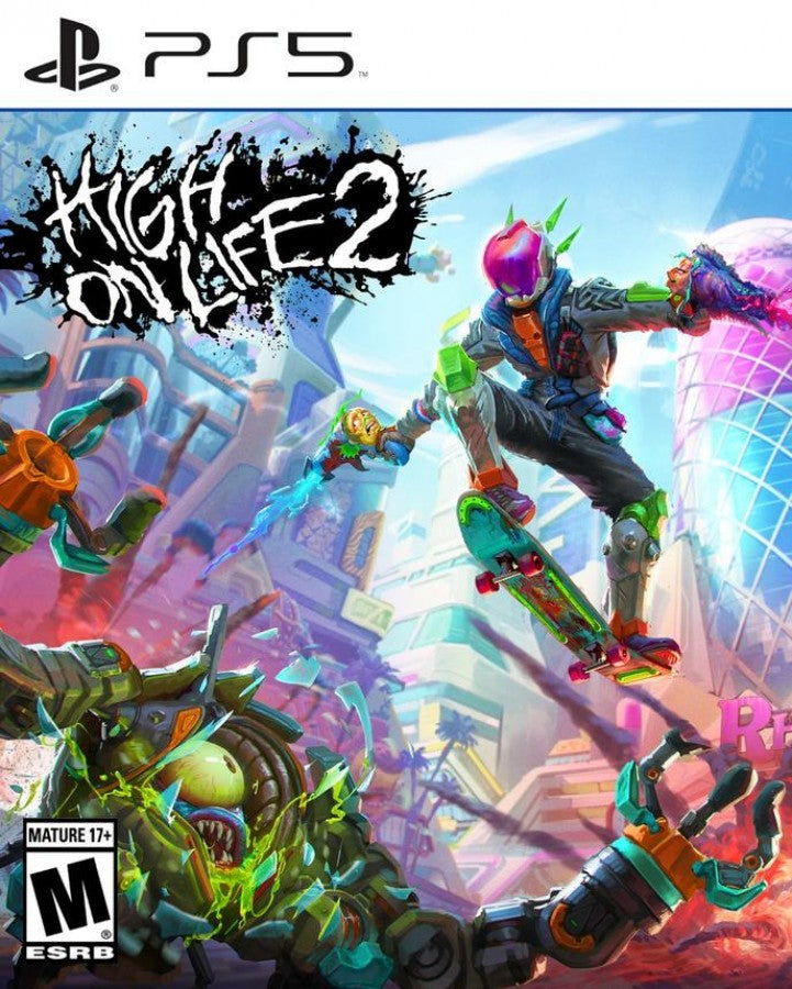 High on Life 2 PlayStation 5 PS5 for first person shooter video game fans featuring comedic sci fi action colorful alien worlds talking weapons bounty hunting missions fast paced gunplay platforming exploration unique characters and irreverent humor with immersive next generation gameplay collectible gaming appeal front cover art