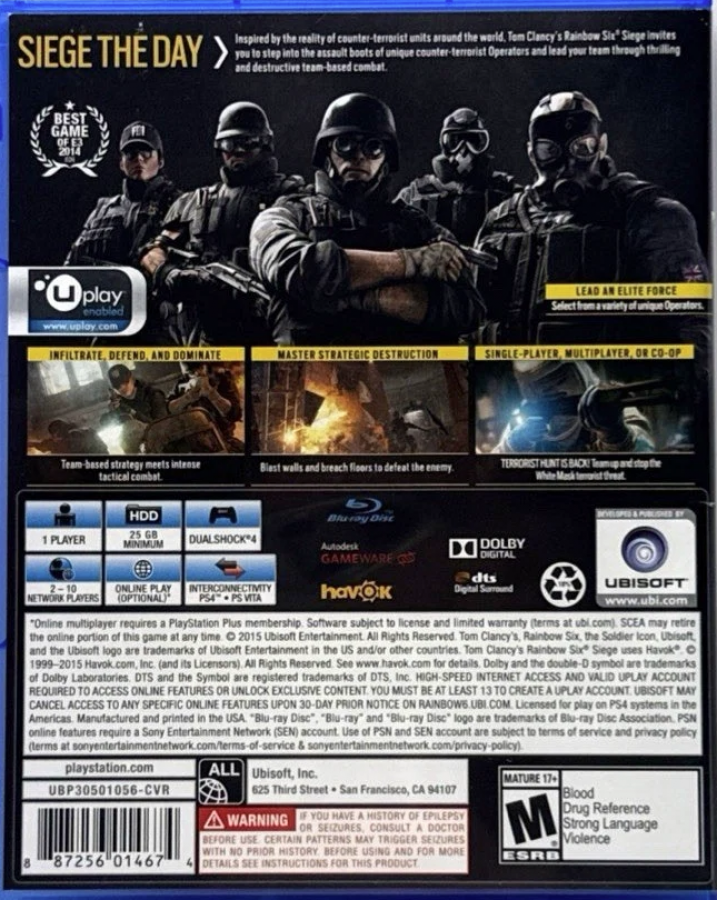 Tom Clancy's Rainbow Six: Siege – PlayStation 4 (PS4) video game back of case, tactical first-person shooter.