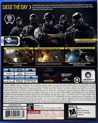 Tom Clancy's Rainbow Six: Siege – PlayStation 4 (PS4) video game back of case, tactical first-person shooter.
