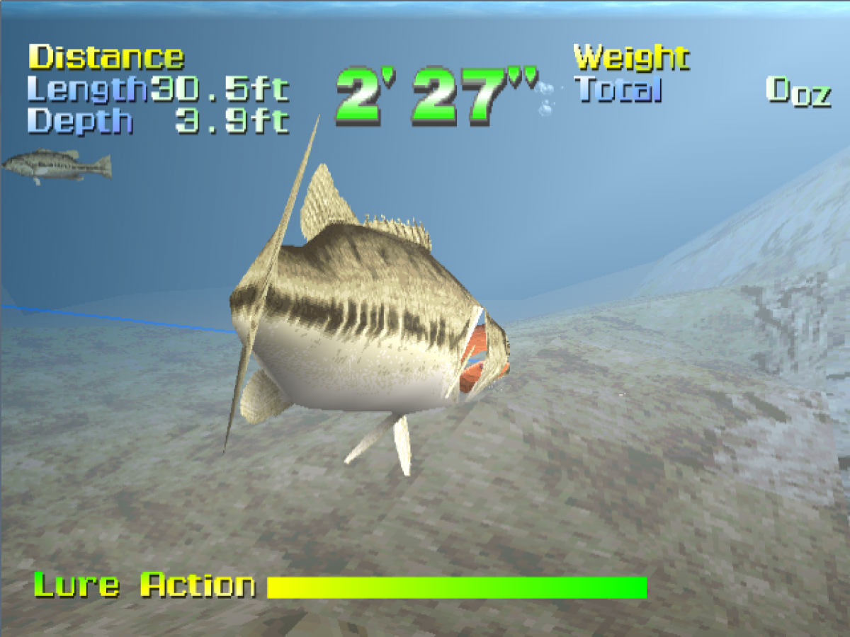 Action Bass PlayStation 1 PS1 video game, fishing simulation, tournament-style bass fishing gameplay, classic console title gameplay screenshot