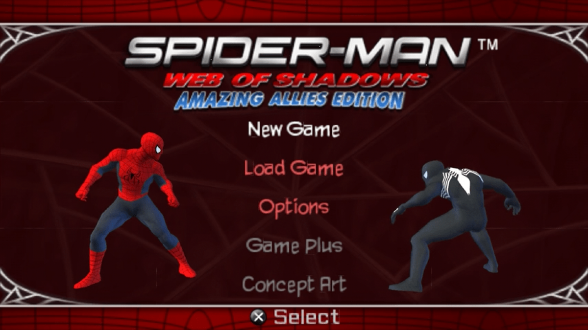 Spider-Man: Web of Shadows – Amazing Allies Edition start screen for PlayStation Portable (PSP) action-adventure game